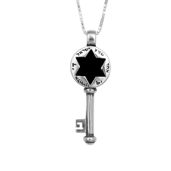 Shema Israel Blessing Star of David Jewish Key Pendant Silver 925 Black Onyx - bluewhiteshop