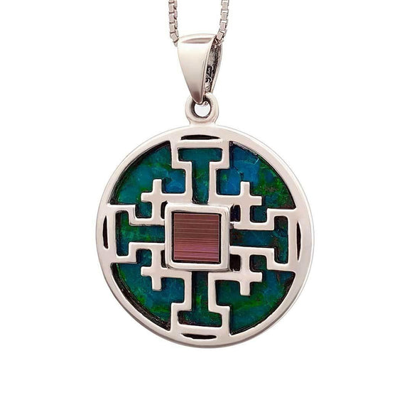 Silver Jerusalem Cross Round Necklace with Nano Bible w/ Eilat Stone - bluewhiteshop
