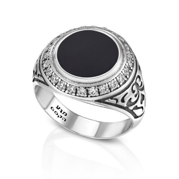 Silver Kabbalah Ring with Black Onyx and Zircon Stones Round Seal - bluewhiteshop