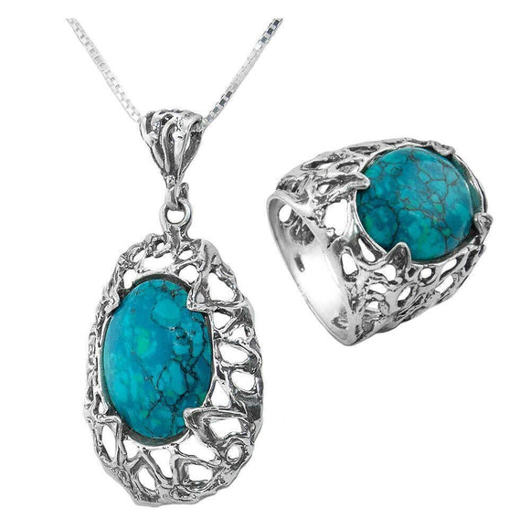 Silver Ring And Pendant Jewelry Set with Chrysocolla King Solomon Eilat Stone - bluewhiteshop