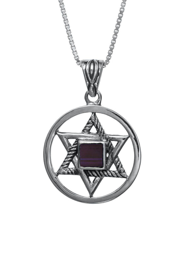 Silver Star of David Necklace with Nano Bible Torah Pendant Circle - bluewhiteshop