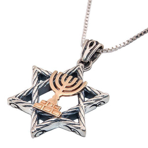 Silver Star of David with Gold Menorah Symbol Jewish Jewelry Judaica - bluewhiteshop