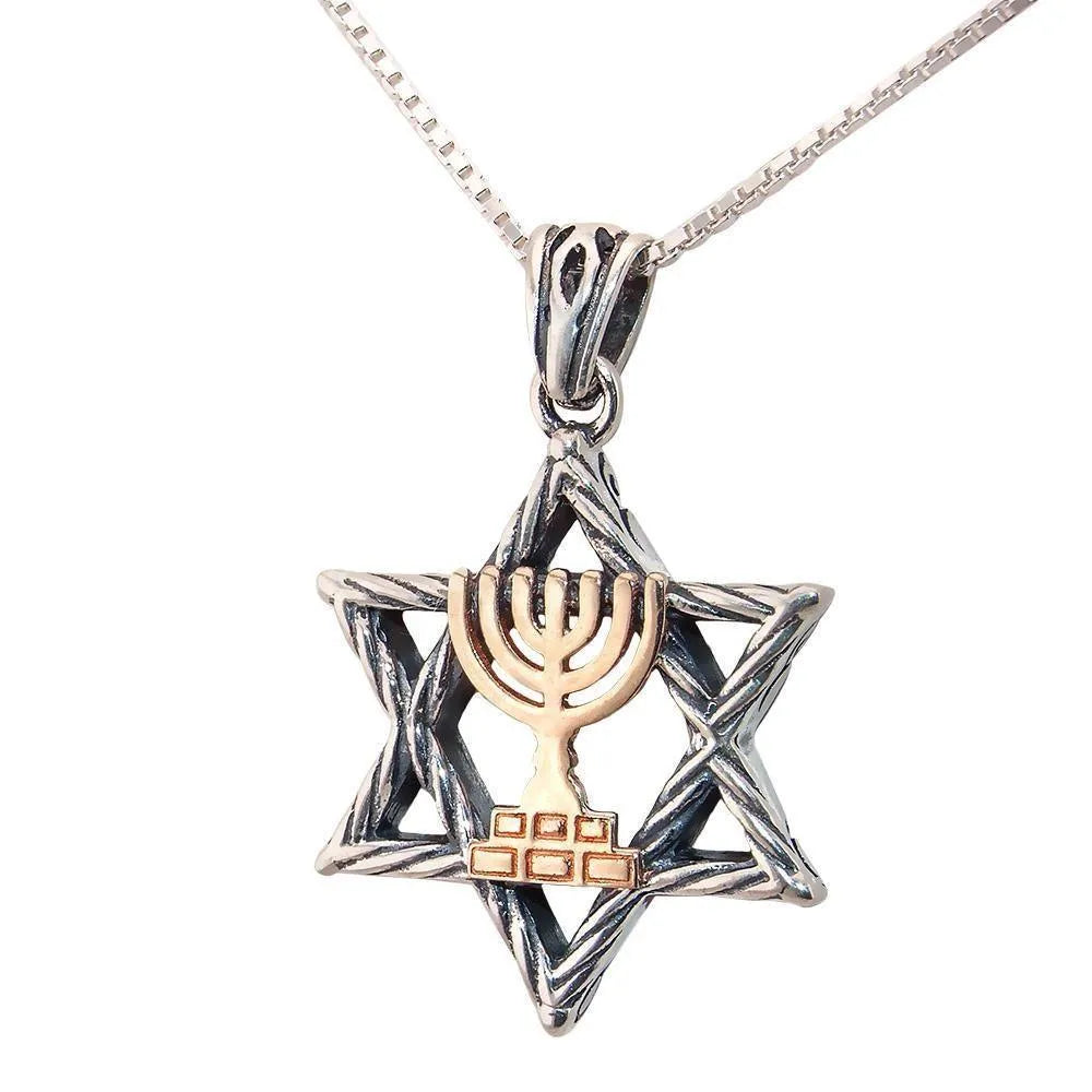 Silver Star of David with Gold Menorah Symbol Jewish Jewelry Judaica - bluewhiteshop