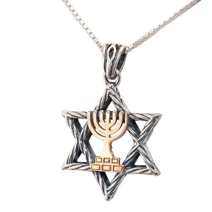 Silver Star of David with Gold Menorah Symbol Jewish Jewelry Judaica - bluewhiteshop
