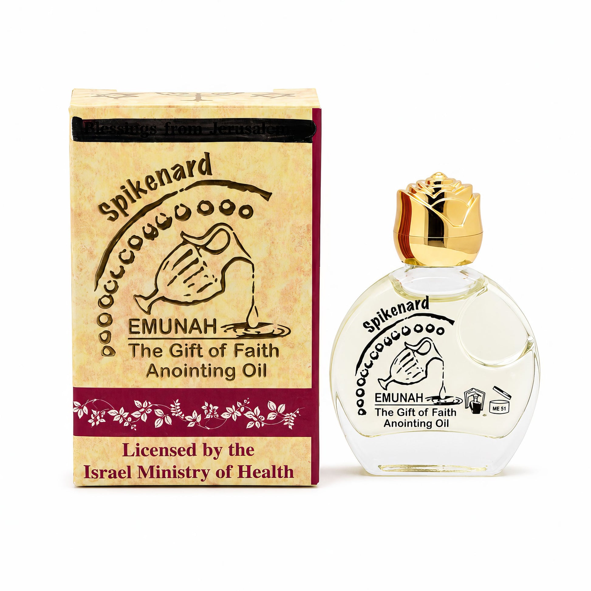 Spikenard anointing oil from Jerusalem with decorative glass bottle and gift box