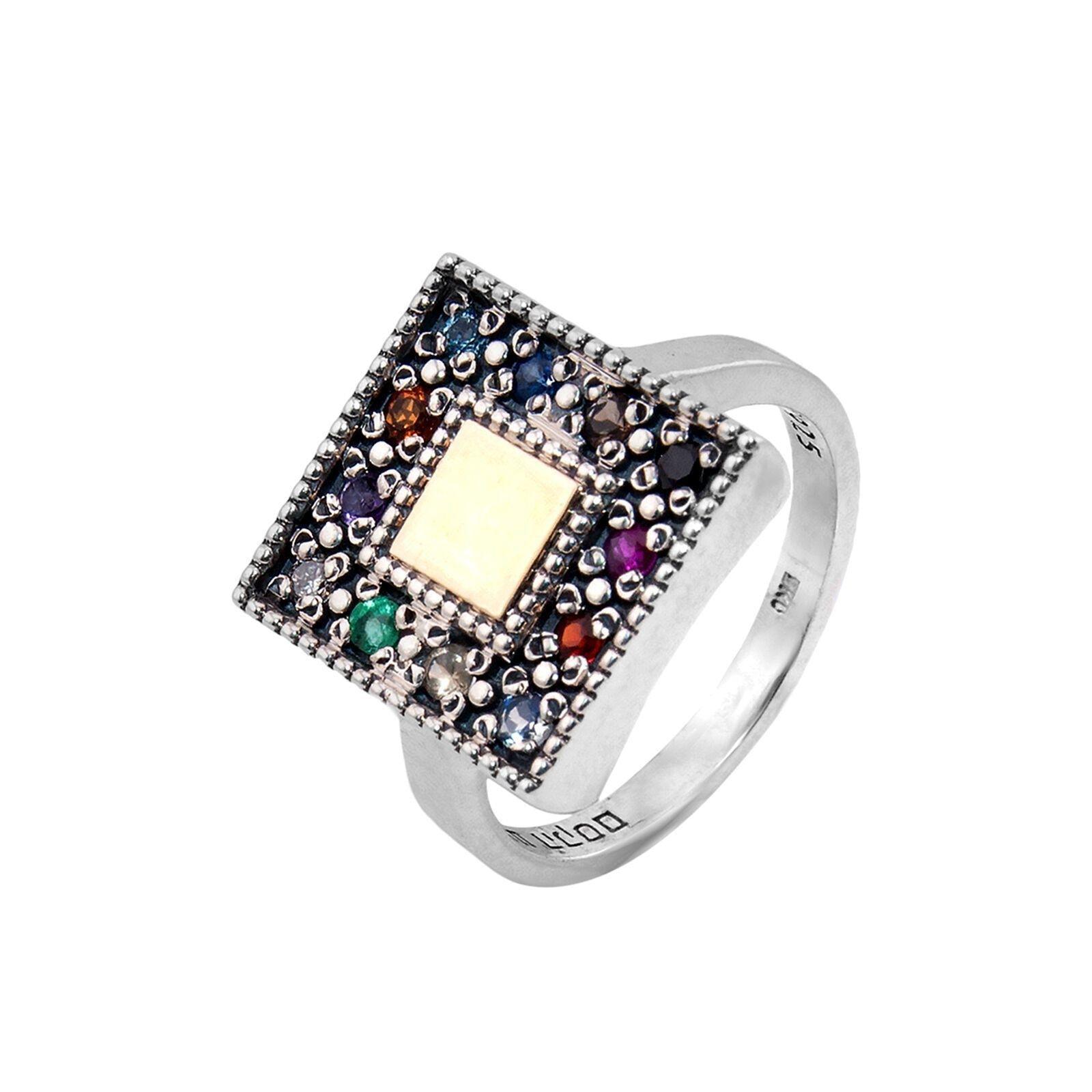 Square Kabbalah Ring Stones Hoshen Sterling Silver & Gold 9K - bluewhiteshop