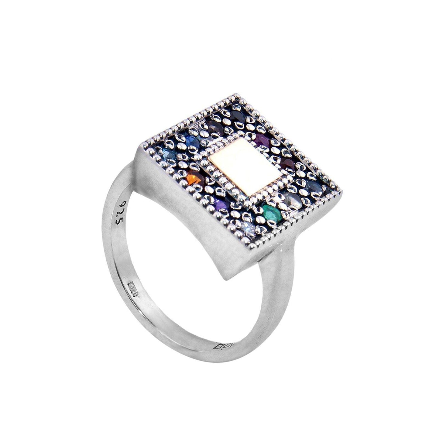 Square Kabbalah Ring Stones Hoshen Sterling Silver & Gold 9K - bluewhiteshop