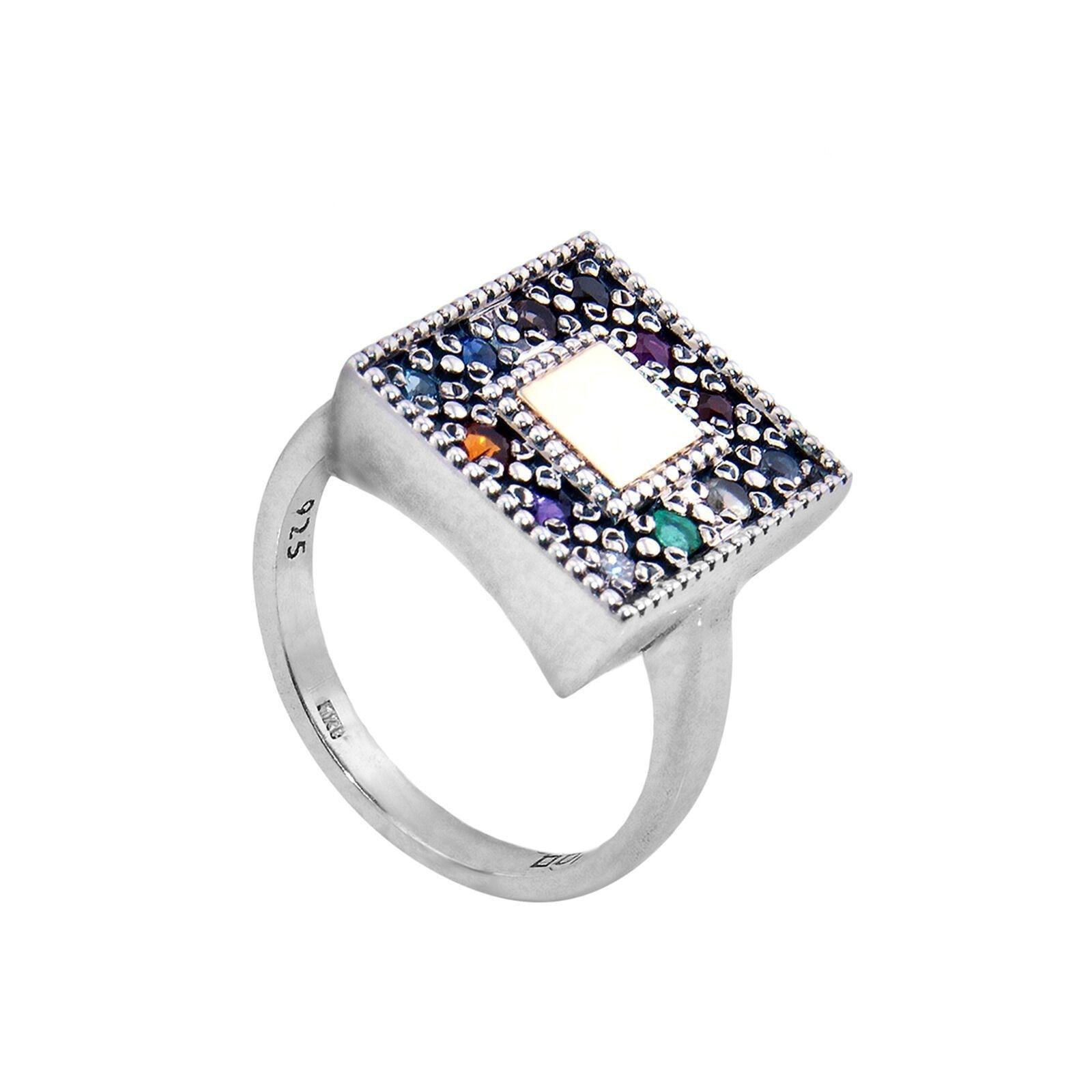 Square Kabbalah Ring Stones Hoshen Sterling Silver & Gold 9K - bluewhiteshop