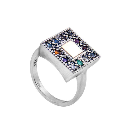 Square Kabbalah Ring Stones Hoshen Sterling Silver & Gold 9K - bluewhiteshop