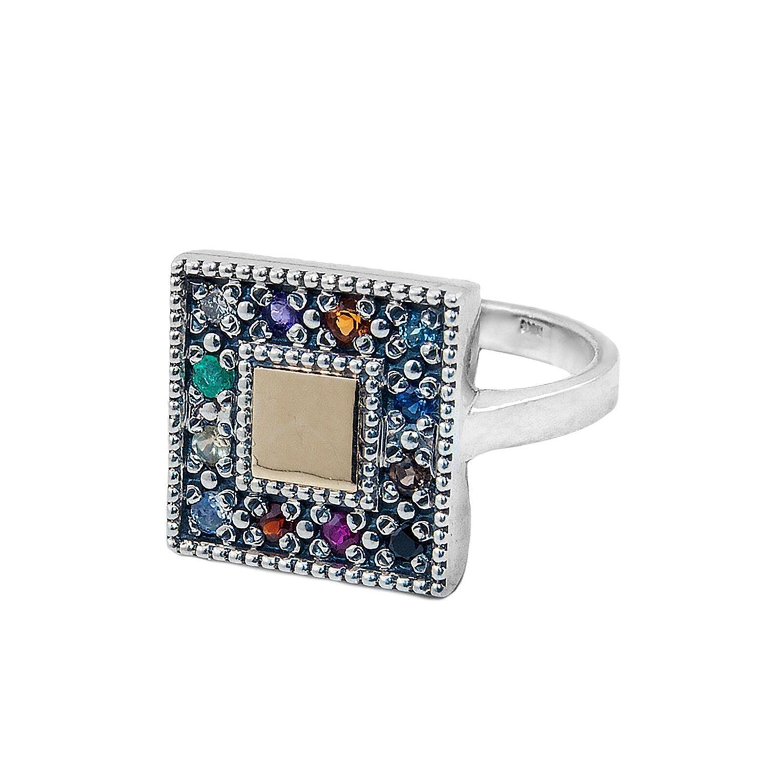 Square Kabbalah Ring Stones Hoshen Sterling Silver & Gold 9K - bluewhiteshop