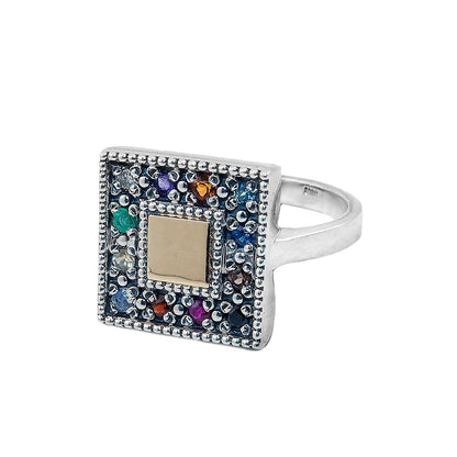 Square Kabbalah Ring Stones Hoshen Sterling Silver & Gold 9K - bluewhiteshop