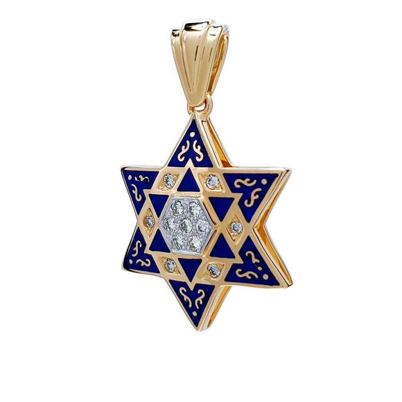 Star of David Diamond necklace Gold 14K Blue Enamel Jewish Jewelry - bluewhiteshop