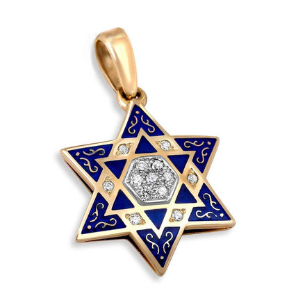 Star of David Diamond necklace Gold 14K Blue Enamel Jewish Jewelry - bluewhiteshop