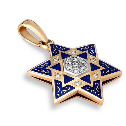 Star of David Diamond necklace Gold 14K Blue Enamel Jewish Jewelry - bluewhiteshop