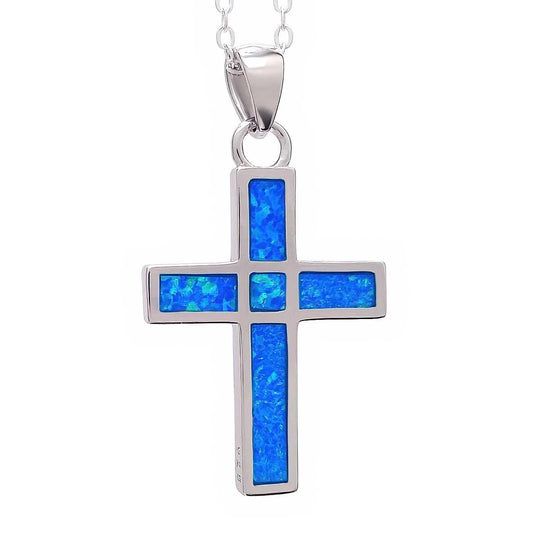 Sterling Silver Cross Pendant with Synthetic Opal - bluewhiteshop