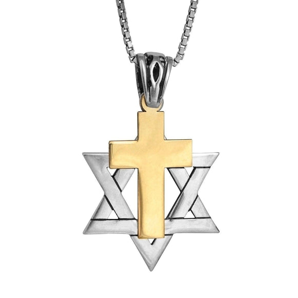 Sterling Silver Messianic Star of David Necklace with Gold Cross Charm - bluewhiteshop