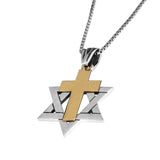 Sterling Silver Messianic Star of David Necklace with Gold Cross Charm - bluewhiteshop