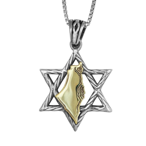 Sterling Silver Star of David necklace with Gold Map Country Israel - bluewhiteshop