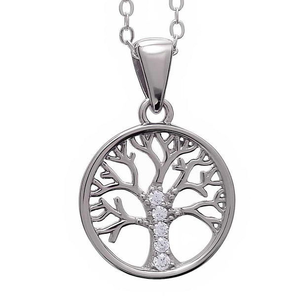 Sterling Silver Tree of Life Necklace Simulated Diamond Cubic Zirconia