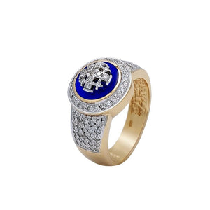 Two-Tone 14K Gold Jerusalem Cross Signet Ring with Diamonds and Blue Enamel - bluewhiteshop