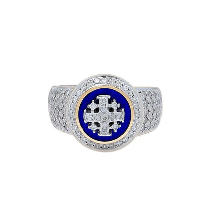 Two-Tone 14K Gold Jerusalem Cross Signet Ring with Diamonds and Blue Enamel - bluewhiteshop