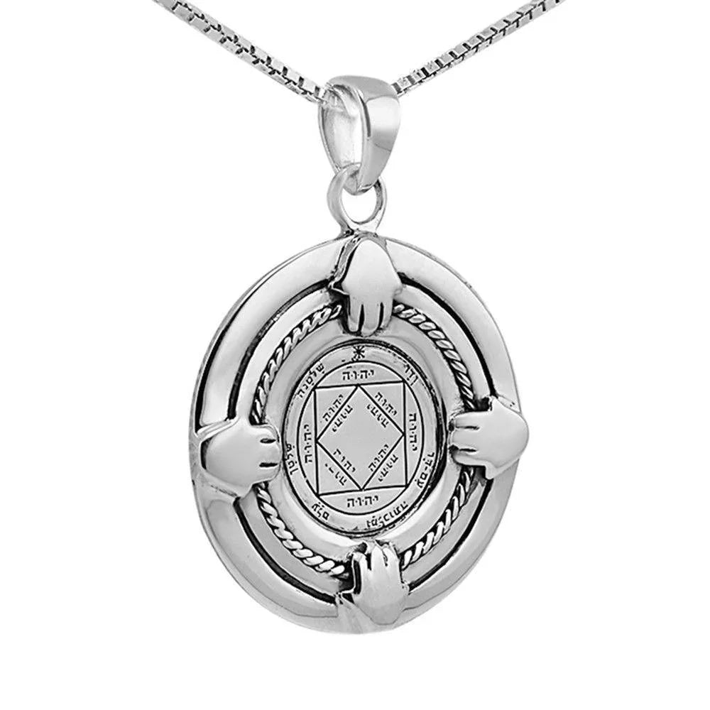 Victorious Seal Amulet King Solomon Pendant Silver 925 Gold Plated Talisman with Hamsa - bluewhiteshop