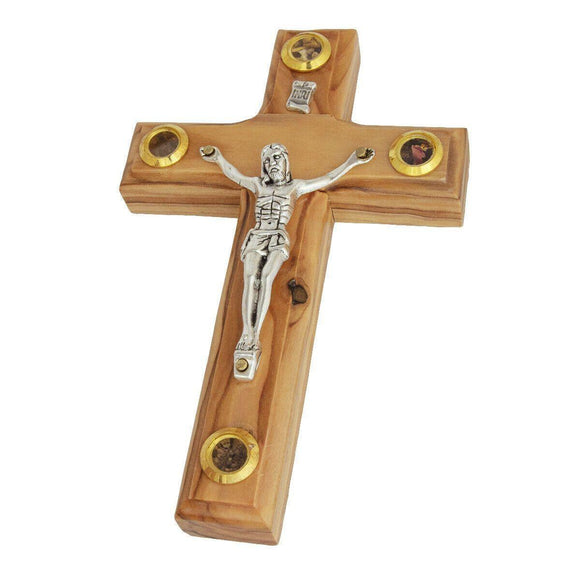 Wall Cross Olive Wood w/ Jesus Christ Crucifix & Holy Soil Jerusalem 12cm - bluewhiteshop