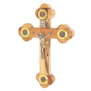 Wall Cross Olive Wood w/ Jesus Christ Crucifix & Holy Soil Jerusalem 13.5cm - bluewhiteshop