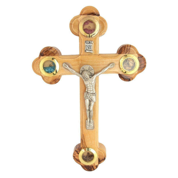 Wall Cross Olive Wood w/ Jesus Christ Crucifix & Holy Soil Jerusalem17.5cm - bluewhiteshop