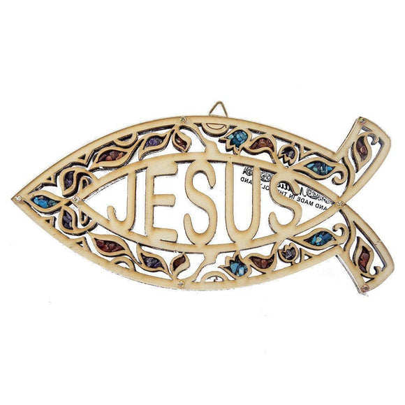 Wood Christianity Wall Decor Jesus Fish Ichthys with Semi-Precious Stones from Holy Land - bluewhiteshop