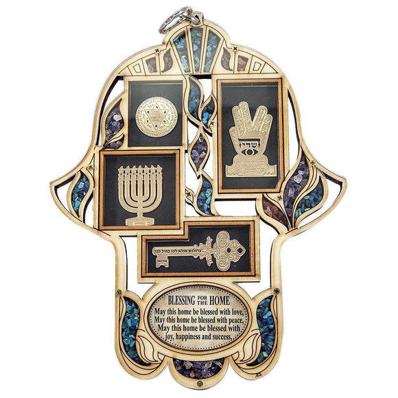 Wooden Hand made Home Blessing Hamsa with Semi-Precious Stones - bluewhiteshop