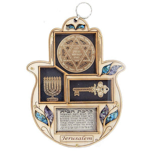 Wooden Home Blessing Hamsa Hand made with Semi-Precious Stones 7.6" - bluewhiteshop